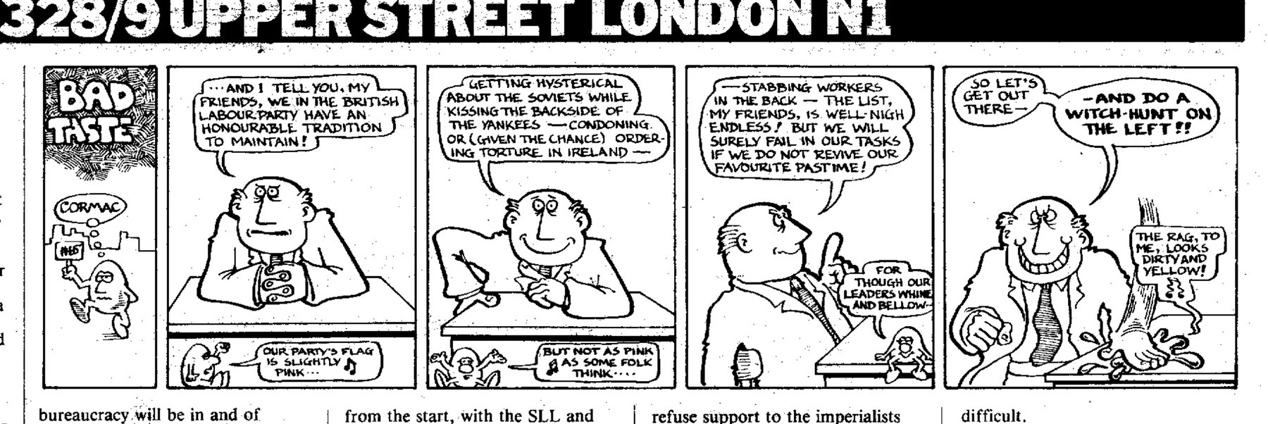 Five-panel cartoon strip: a Labour leader boasts of the party's honourable tradition — hysteria about the Soviets, kissing the Yankees' backside, torture in Ireland, stabbing workers in the back — and calls for a witch-hunt on the left, while a small creature sings a parody of "The Red Flag".