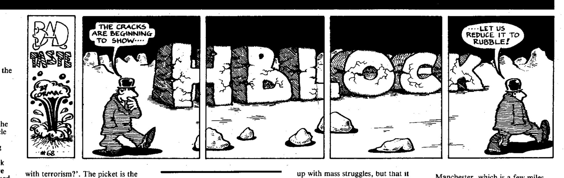 Five-panel cartoon strip: a bowler-hatted figure walks among the cracking giant letters of "H-BLOCK" and resolves to reduce it to rubble.
